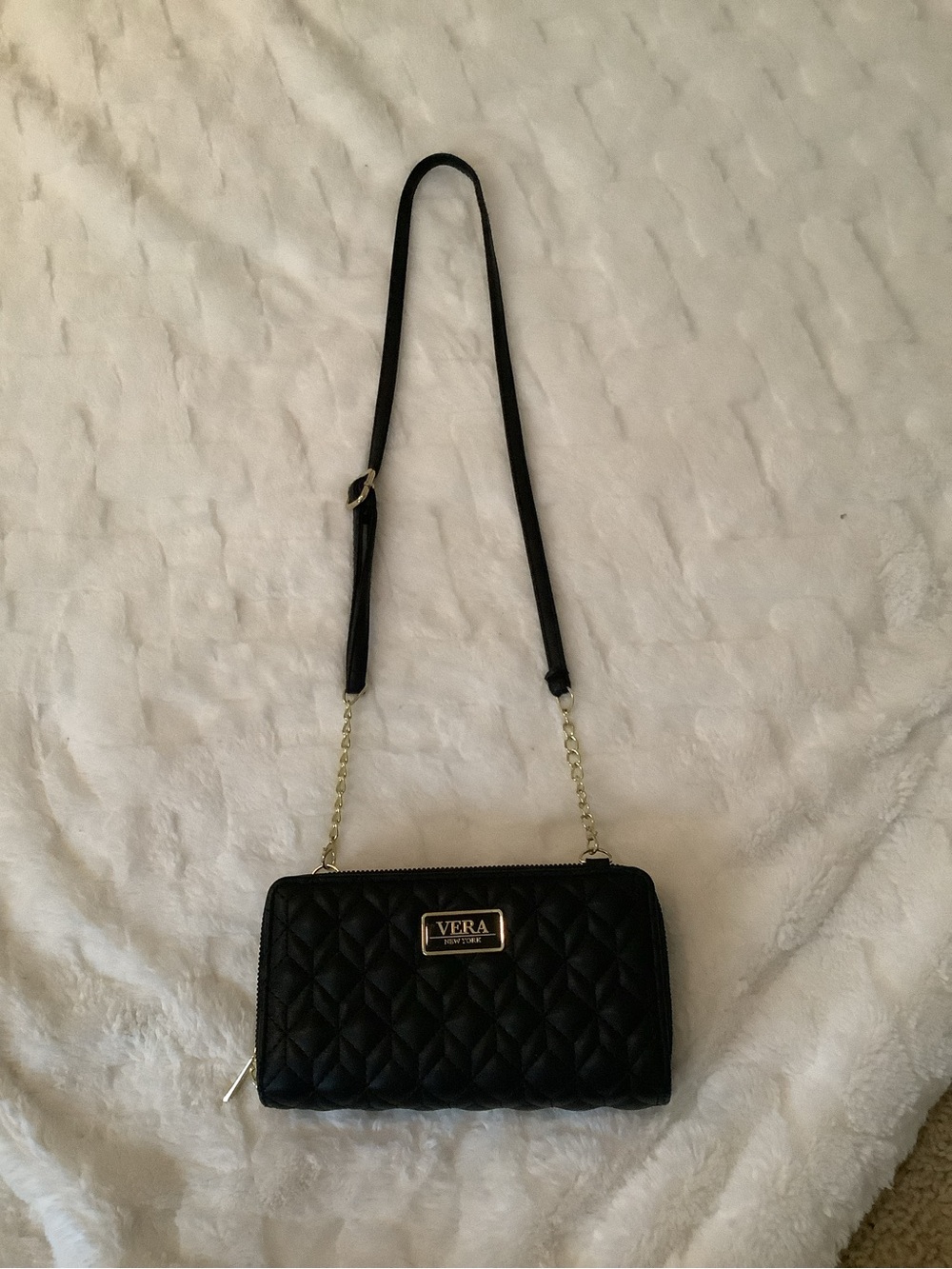 Vera New York Pelle Black Quilted Crossbody with Gold-Tone Chain